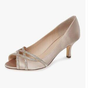 XYD Nude Prom Wedding Low Heel Peep Toe Slip on Rhinestones Cutout Dress Pumps